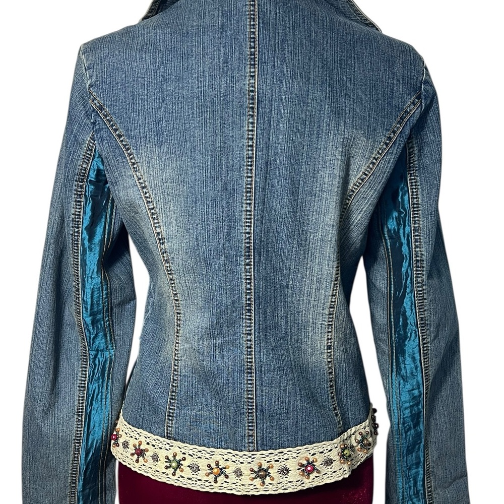 Y2K Cache Embellished Denim Jacket Sz 6 Beaded Lace Glam Boho Fairy Gypsy Boho - Picture 8 of 16